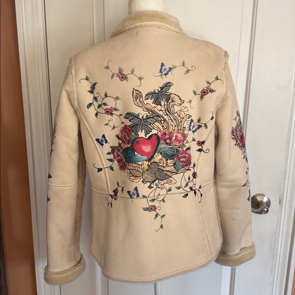 eivissa Cream Faux Fur Suede Painted Graphic Coat Jacket Tattoo design - Picture 6 of 10